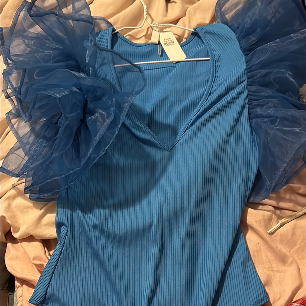 Blue Ruffled Sleeve Top